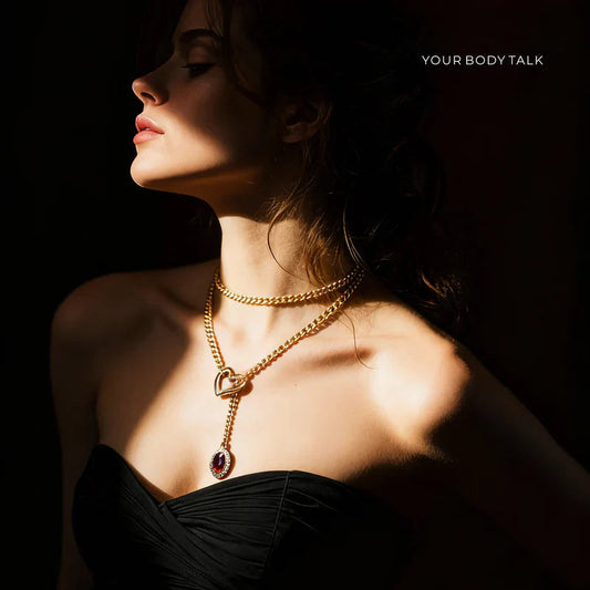 Golden Silence | Layered Titanium Steel Y-Necklace | Red Crystal Heart Pendant