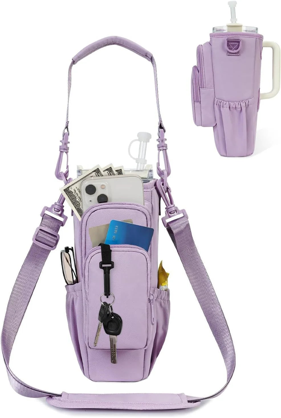 Adjustable shoulder bag with insulated cup holder for 40 oz