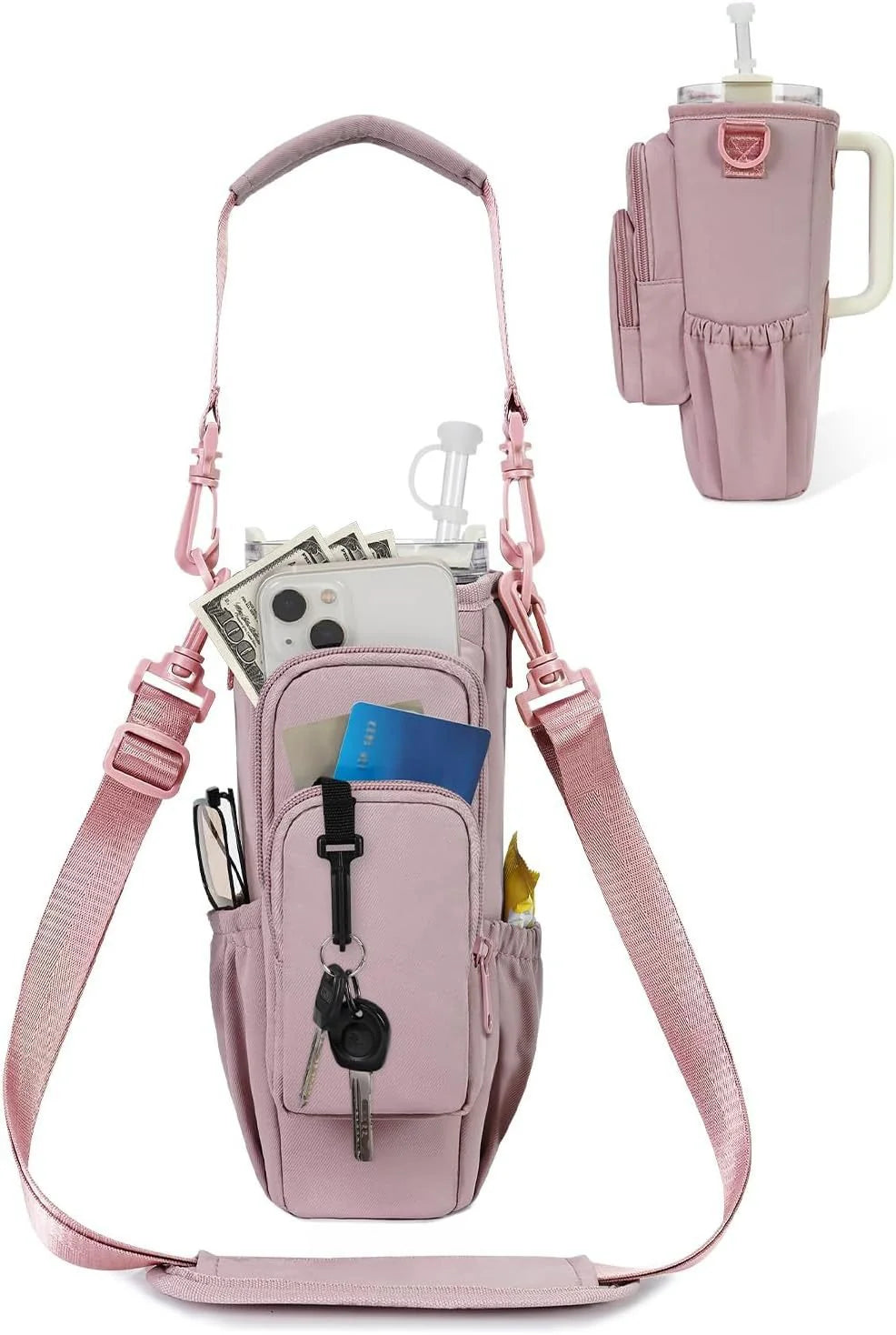 Adjustable shoulder bag with insulated cup holder for 40 oz