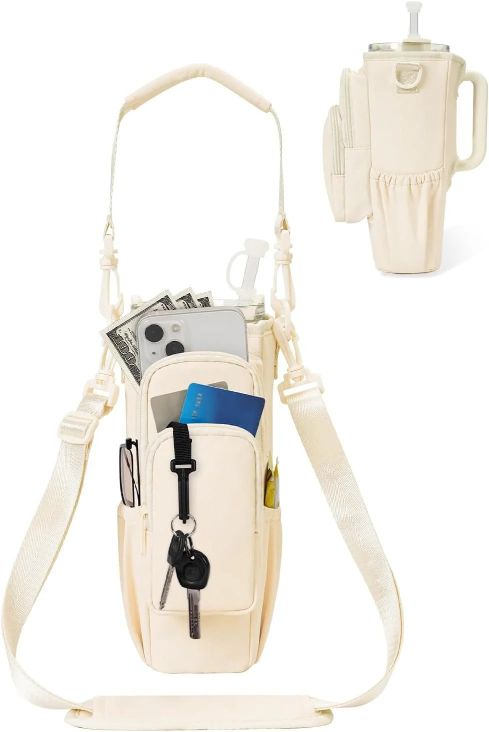 Adjustable shoulder bag with insulated cup holder for 40 oz