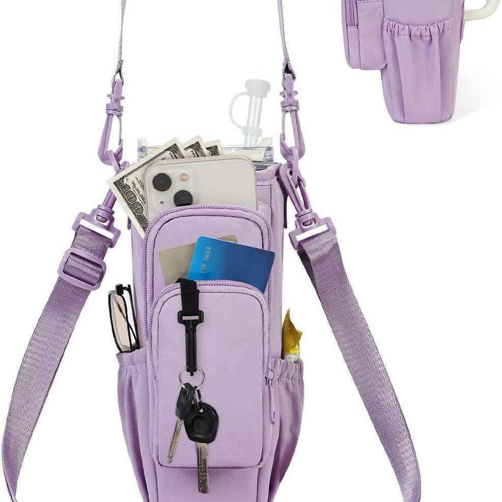 Adjustable shoulder bag with insulated cup holder for 40 oz