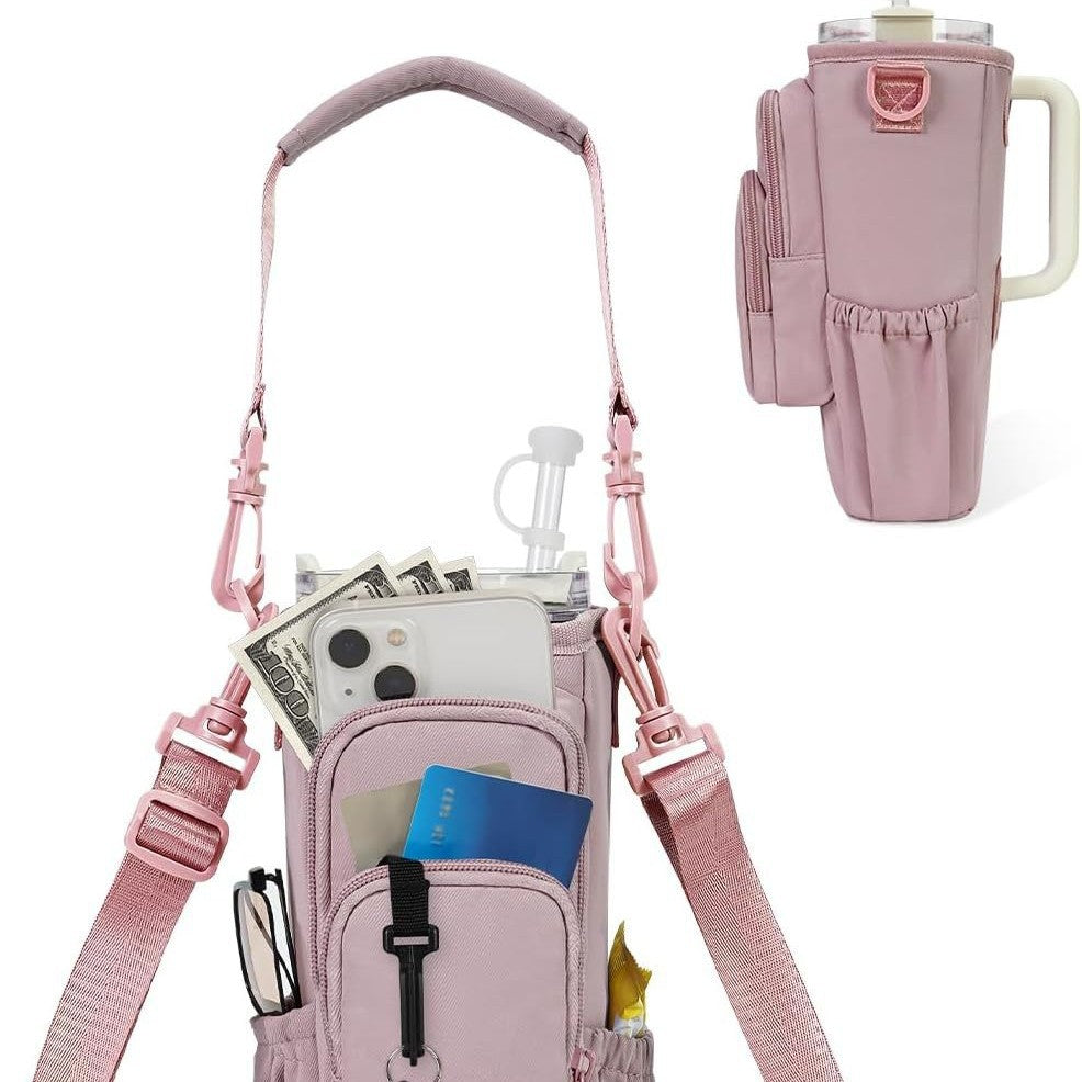 Adjustable shoulder bag with insulated cup holder for 40 oz
