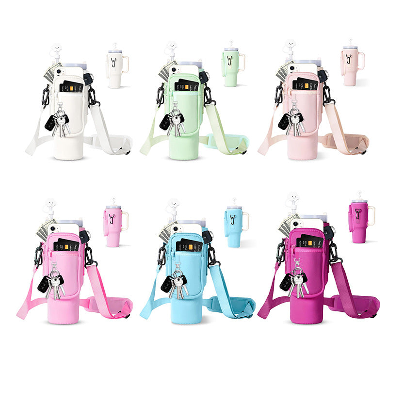 Adjustable shoulder bag with insulated cup holder for 40 oz