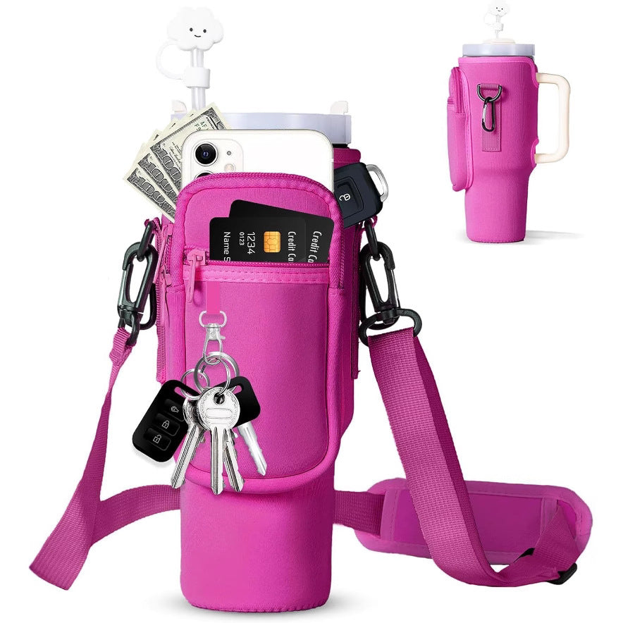 Adjustable shoulder bag with insulated cup holder for 40 oz