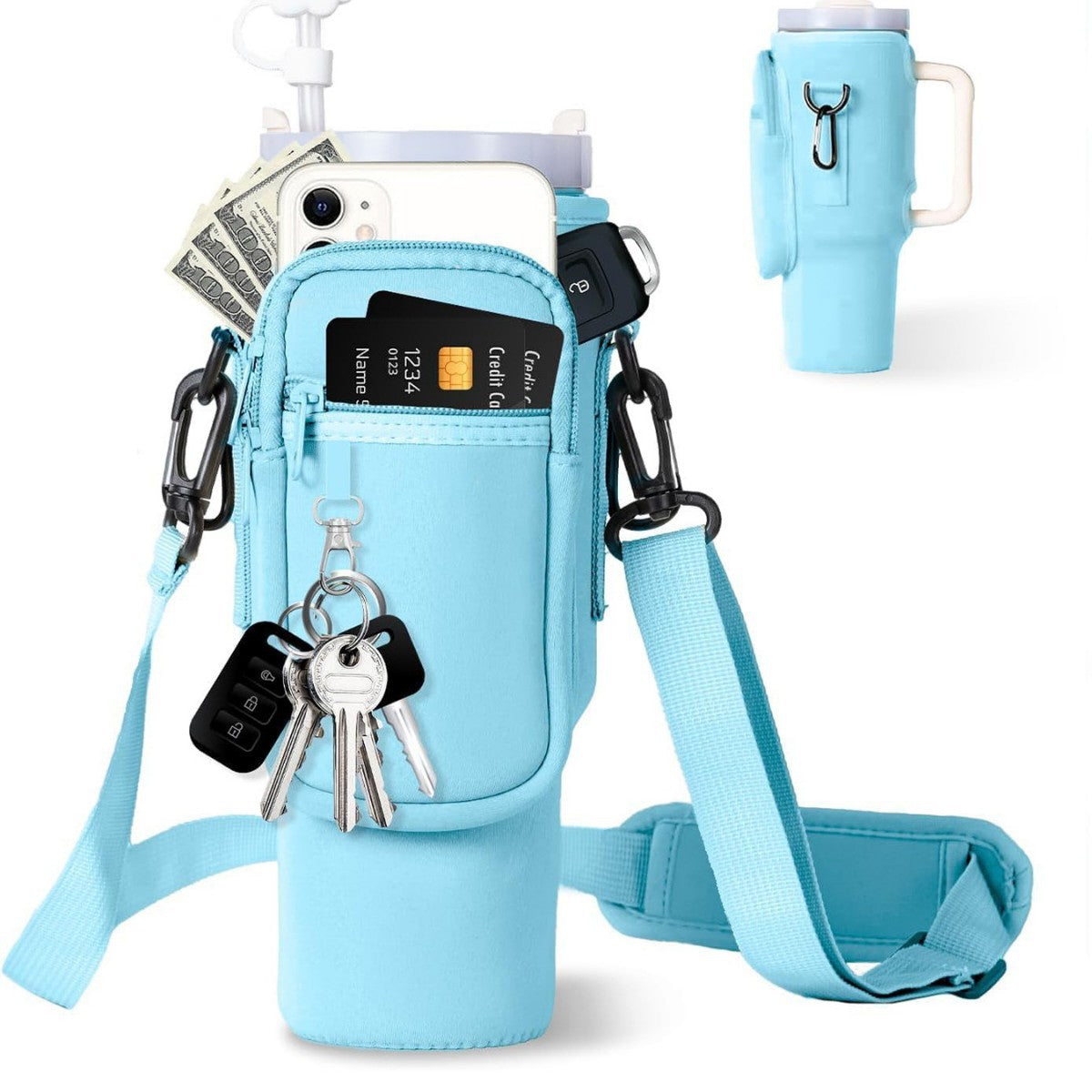 Adjustable shoulder bag with insulated cup holder for 40 oz