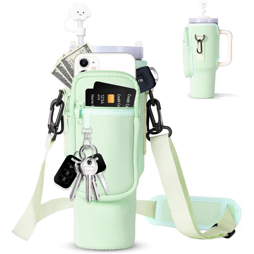 Adjustable shoulder bag with insulated cup holder for 40 oz