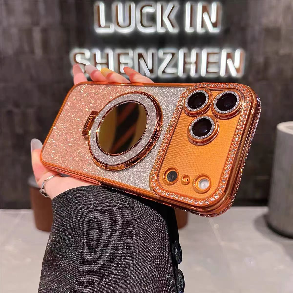 📲✨Gradient Glitter Holder Makeup Mirror Protective Case