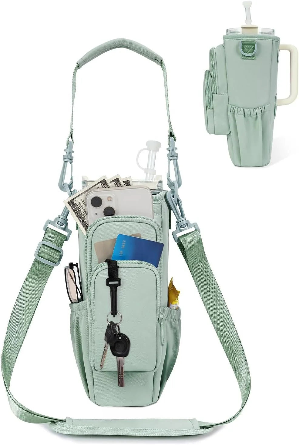 Adjustable shoulder bag with insulated cup holder for 40 oz
