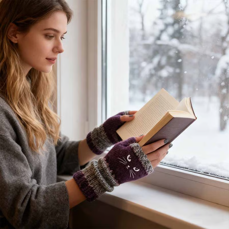 🐱 Cute knitted gloves for women with cat motif – for warm hands and free fingers