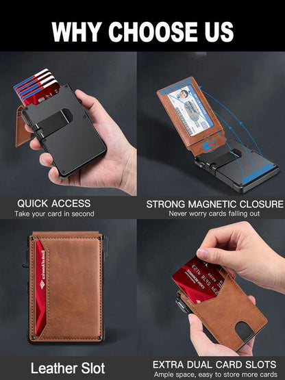 Minimalist Slim Wallet for Men – Holds 9–13 Cards, RFID Blocking Aluminum Bifold with Pop-Up Card Access, Built-In Money Clip & ID Window