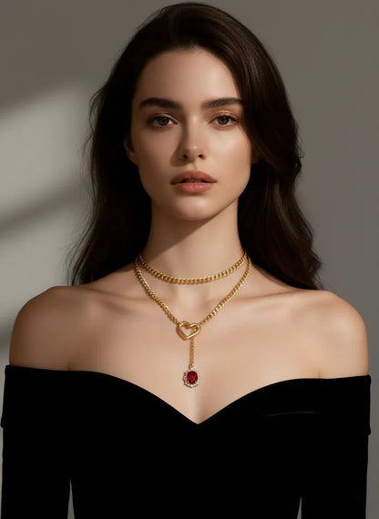 Golden Silence | Layered Titanium Steel Y-Necklace | Red Crystal Heart Pendant