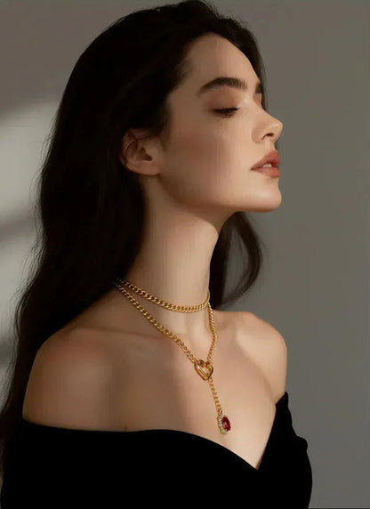 Golden Silence | Layered Titanium Steel Y-Necklace | Red Crystal Heart Pendant