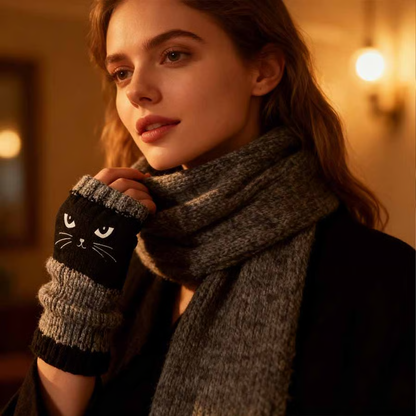 🐱 Cute knitted gloves for women with cat motif – for warm hands and free fingers