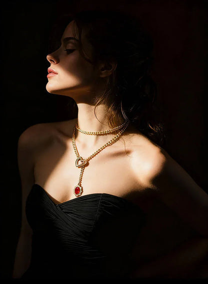 Golden Silence | Layered Titanium Steel Y-Necklace | Red Crystal Heart Pendant
