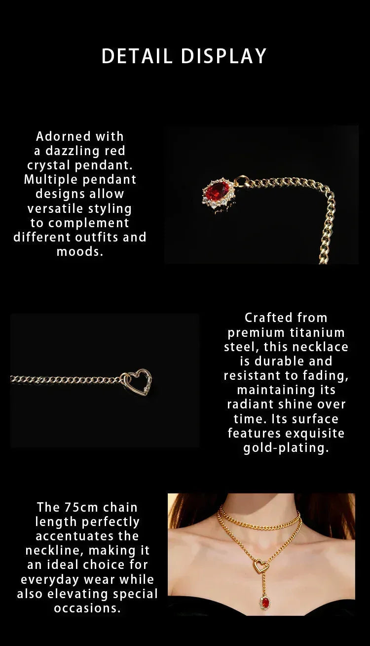 Golden Silence | Layered Titanium Steel Y-Necklace | Red Crystal Heart Pendant