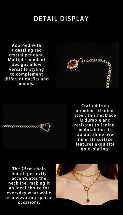 Golden Silence | Layered Titanium Steel Y-Necklace | Red Crystal Heart Pendant