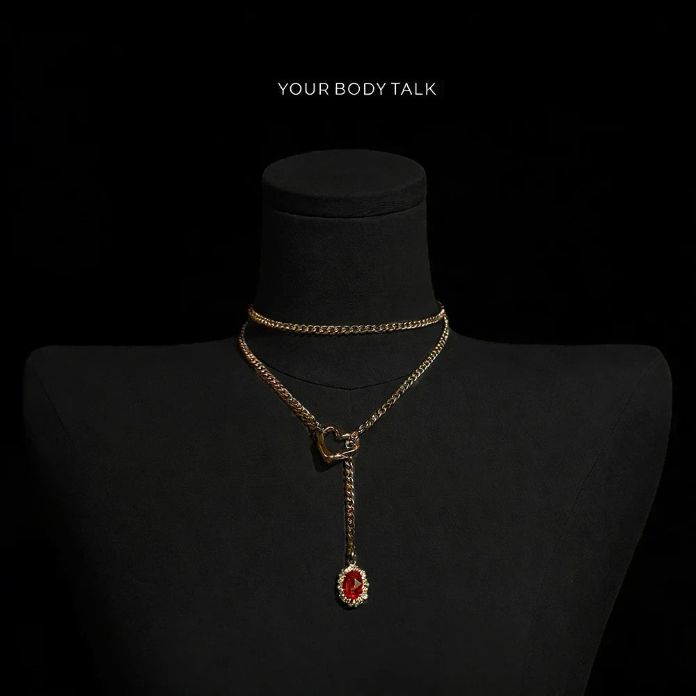 Golden Silence | Layered Titanium Steel Y-Necklace | Red Crystal Heart Pendant