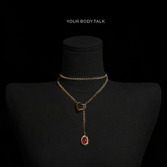 Golden Silence | Layered Titanium Steel Y-Necklace | Red Crystal Heart Pendant