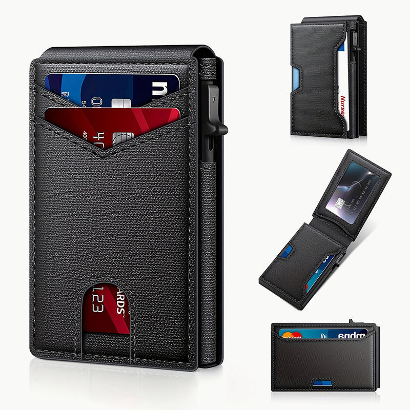 Minimalist Slim Wallet for Men – Holds 9–13 Cards, RFID Blocking Aluminum Bifold with Pop-Up Card Access, Built-In Money Clip & ID Window