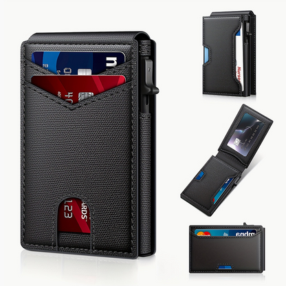 Minimalist Slim Wallet for Men – Holds 9–13 Cards, RFID Blocking Aluminum Bifold with Pop-Up Card Access, Built-In Money Clip & ID Window