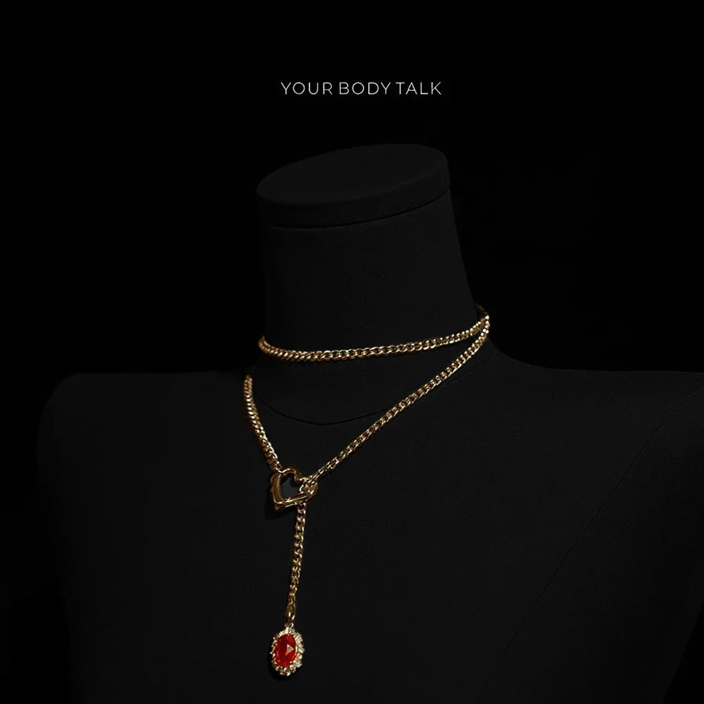 Golden Silence | Layered Titanium Steel Y-Necklace | Red Crystal Heart Pendant