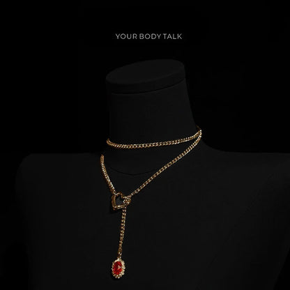 Golden Silence | Layered Titanium Steel Y-Necklace | Red Crystal Heart Pendant