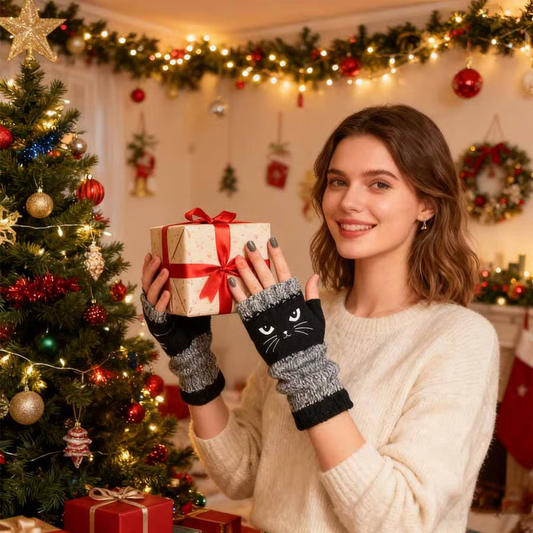 🐱 Cute knitted gloves for women with cat motif – for warm hands and free fingers
