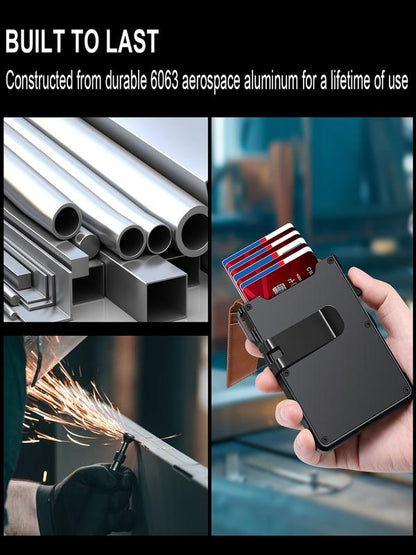 Minimalist Slim Wallet for Men – Holds 9–13 Cards, RFID Blocking Aluminum Bifold with Pop-Up Card Access, Built-In Money Clip & ID Window