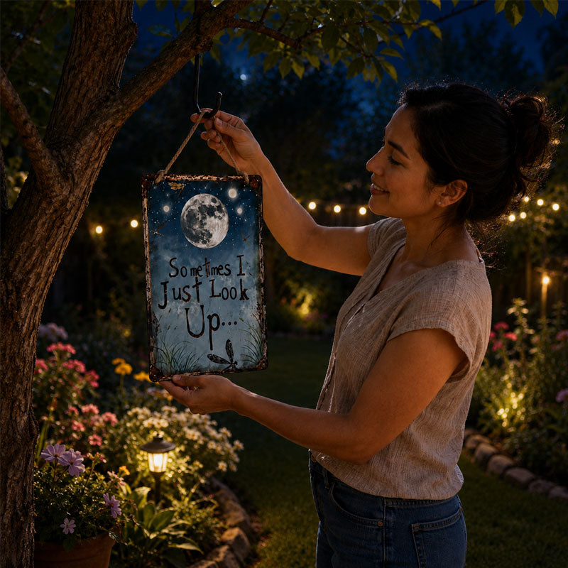 🌙 Retro Night Sky Metal Sign – “Sometimes I just look up…” Inspirational Wall Decor