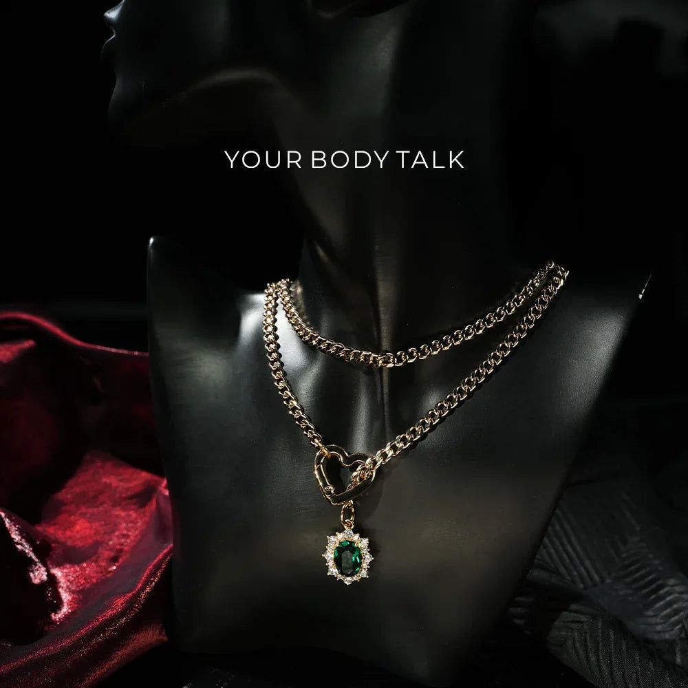 Golden Silence | Layered Titanium Steel Y-Necklace | Red Crystal Heart Pendant