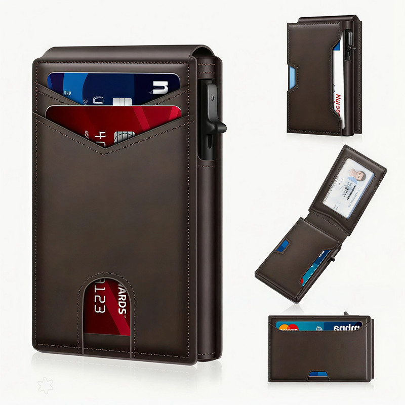 Minimalist Slim Wallet for Men – Holds 9–13 Cards, RFID Blocking Aluminum Bifold with Pop-Up Card Access, Built-In Money Clip & ID Window