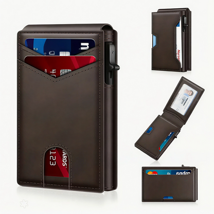 Minimalist Slim Wallet for Men – Holds 9–13 Cards, RFID Blocking Aluminum Bifold with Pop-Up Card Access, Built-In Money Clip & ID Window