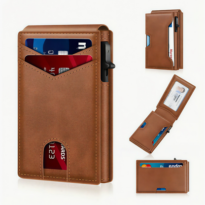 Minimalist Slim Wallet for Men – Holds 9–13 Cards, RFID Blocking Aluminum Bifold with Pop-Up Card Access, Built-In Money Clip & ID Window