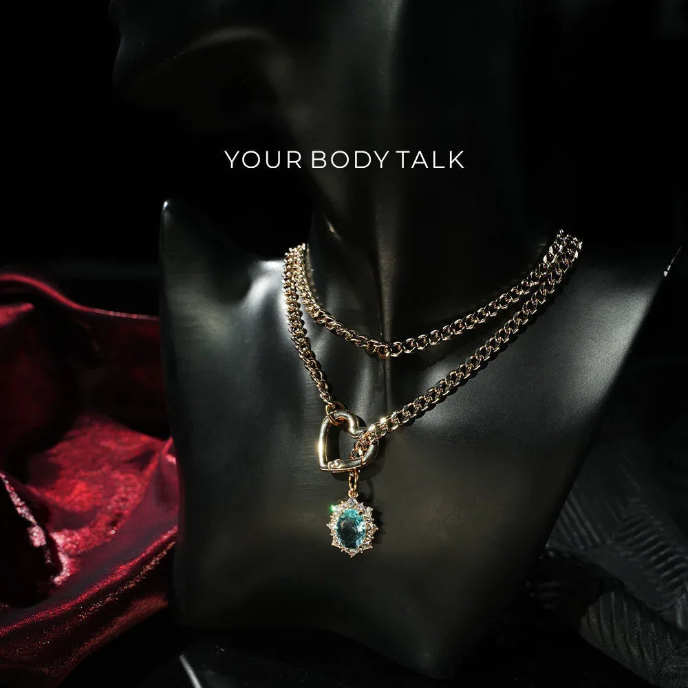 Golden Silence | Layered Titanium Steel Y-Necklace | Red Crystal Heart Pendant