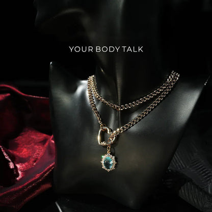 Golden Silence | Layered Titanium Steel Y-Necklace | Red Crystal Heart Pendant