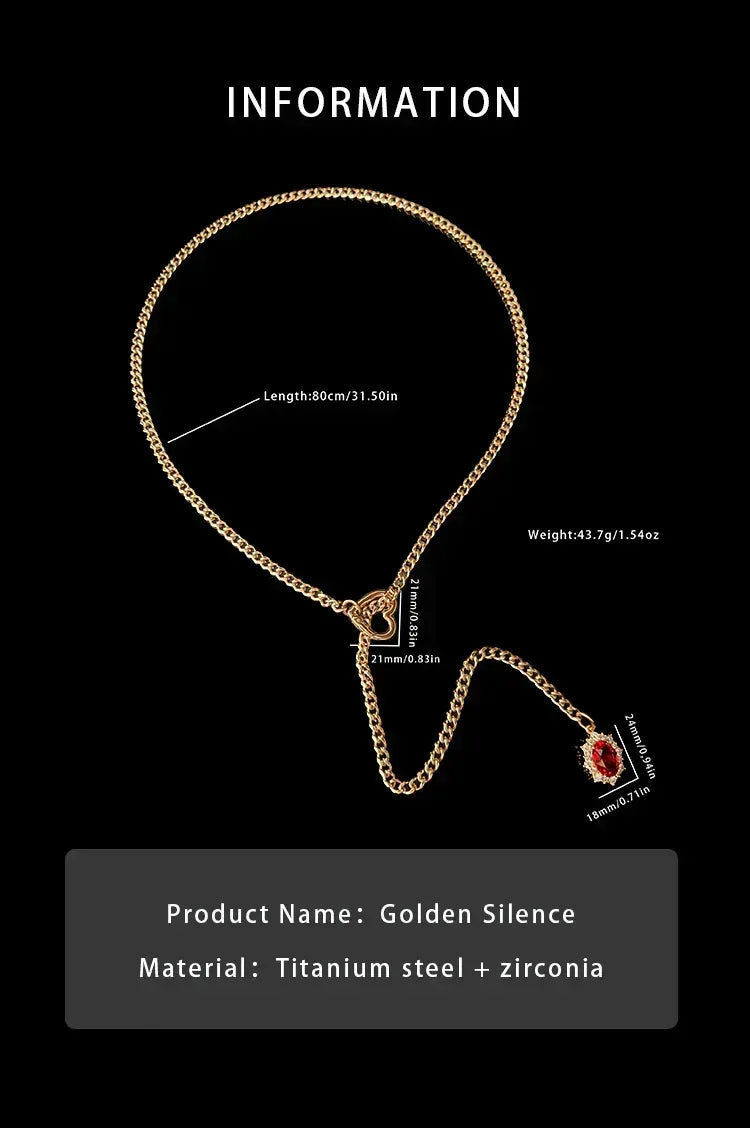Golden Silence | Layered Titanium Steel Y-Necklace | Red Crystal Heart Pendant