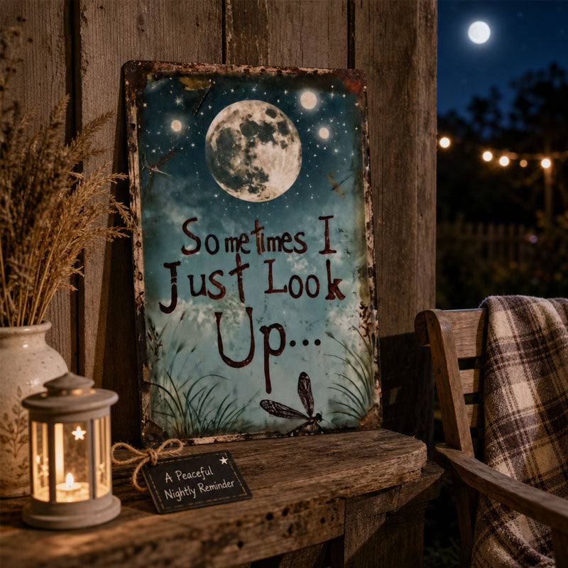 🌙 Retro Night Sky Metal Sign – “Sometimes I just look up…” Inspirational Wall Decor