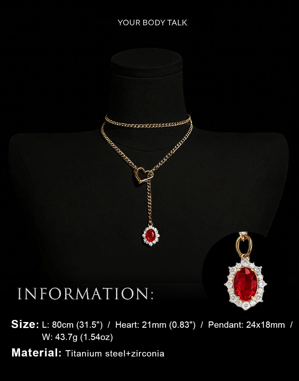 Golden Silence | Layered Titanium Steel Y-Necklace | Red Crystal Heart Pendant