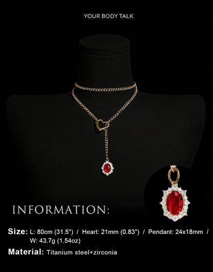 Golden Silence | Layered Titanium Steel Y-Necklace | Red Crystal Heart Pendant