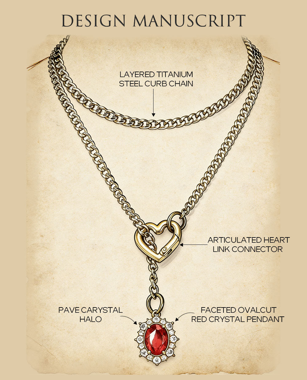 Golden Silence | Layered Titanium Steel Y-Necklace | Red Crystal Heart Pendant