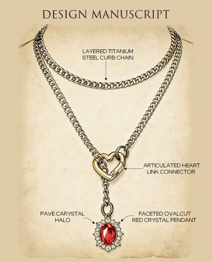 Golden Silence | Layered Titanium Steel Y-Necklace | Red Crystal Heart Pendant