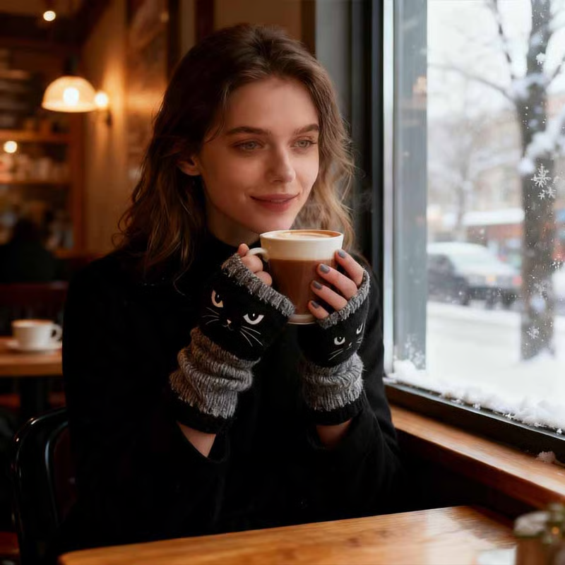 🐱 Cute knitted gloves for women with cat motif – for warm hands and free fingers