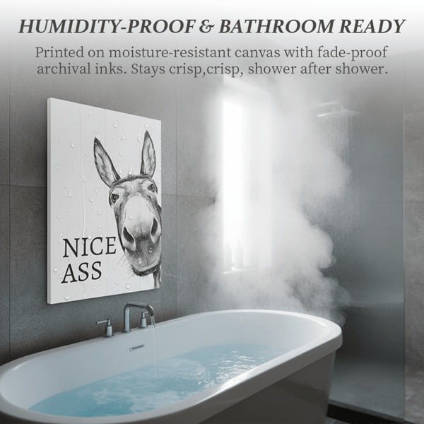 The cheeky ‘Nice Ass’ donkey bathroom canvas art Hidden humour for pure jo