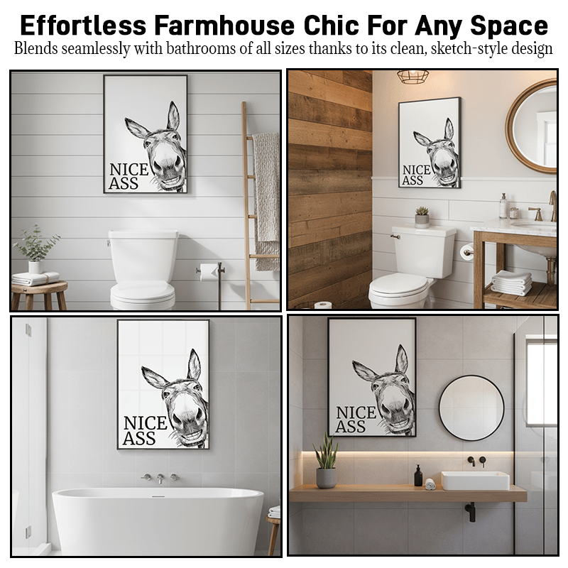 The cheeky ‘Nice Ass’ donkey bathroom canvas art Hidden humour for pure jo