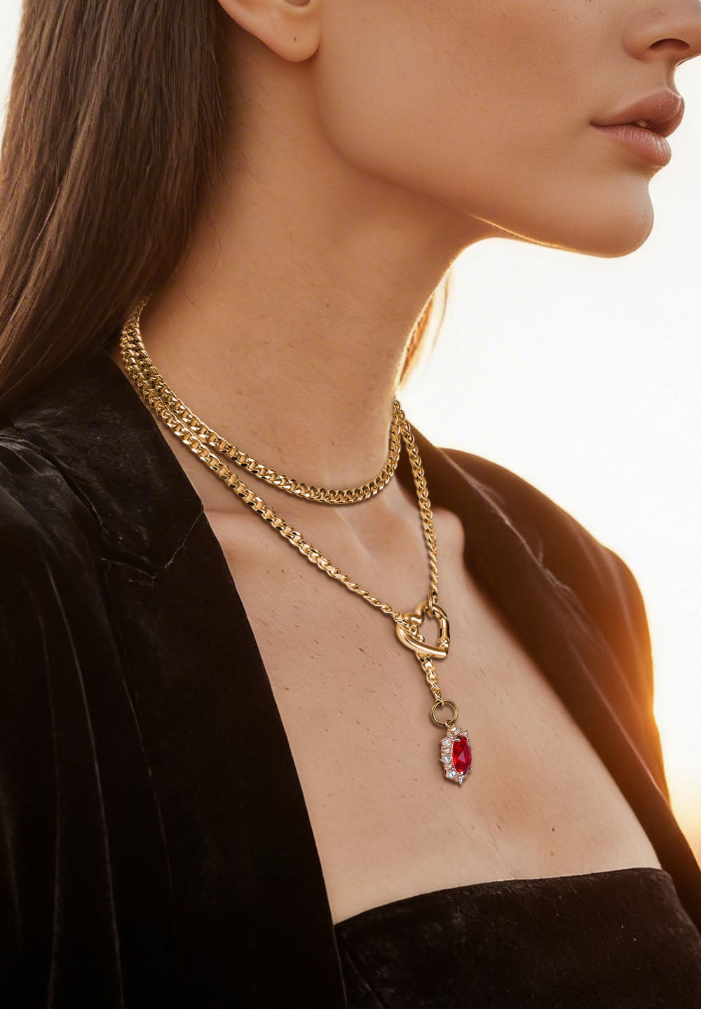 Golden Silence | Layered Titanium Steel Y-Necklace | Red Crystal Heart Pendant