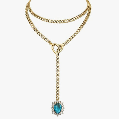Golden Silence | Layered Titanium Steel Y-Necklace | Red Crystal Heart Pendant