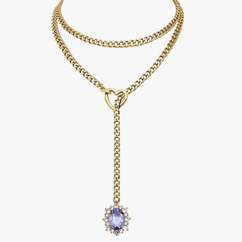 Golden Silence | Layered Titanium Steel Y-Necklace | Red Crystal Heart Pendant
