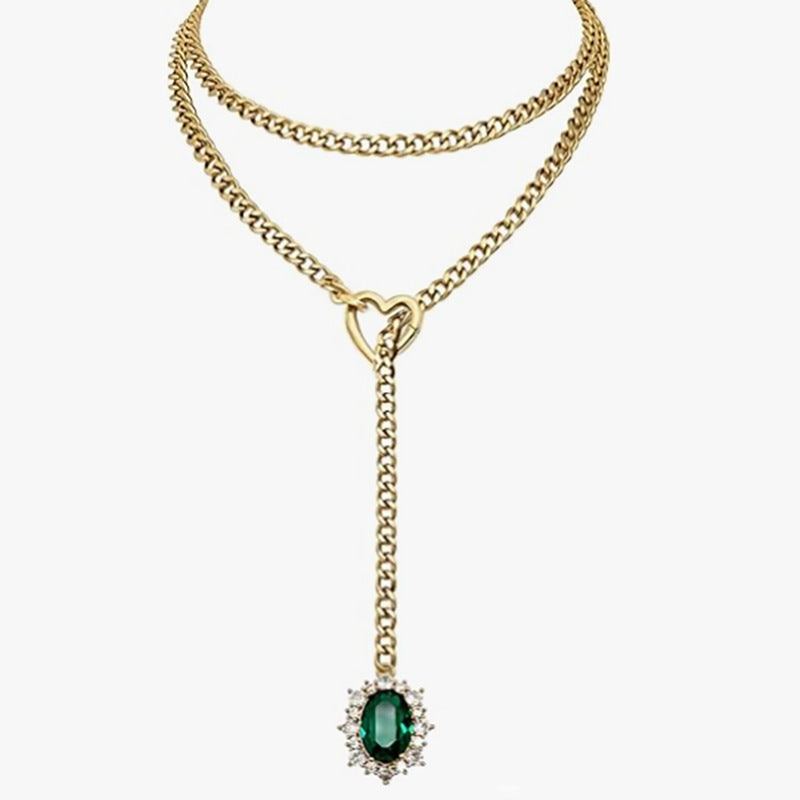 Golden Silence | Layered Titanium Steel Y-Necklace | Red Crystal Heart Pendant