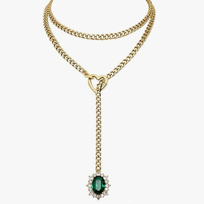 Golden Silence | Layered Titanium Steel Y-Necklace | Red Crystal Heart Pendant