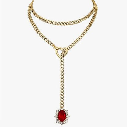 Golden Silence | Layered Titanium Steel Y-Necklace | Red Crystal Heart Pendant